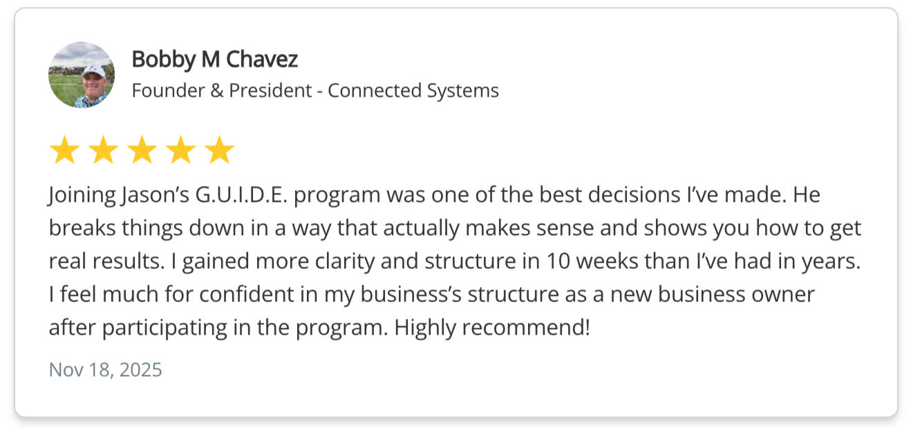 Bobby Chavez Testimonial Joining Jason’s G.U.I.D.E. program was one of the best decisions I’ve made. He breaks things down in a way that actually makes sense and shows you how to get real results. I gained more clarity and structure in 10 weeks than I’ve had in years. Bobby Chavez